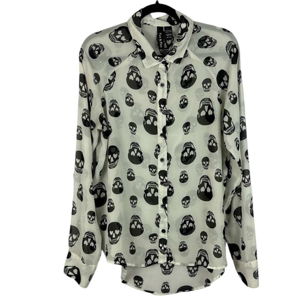 Fun & Flirt Sheer White Black Bold Skull Print Button Down Large Blouse